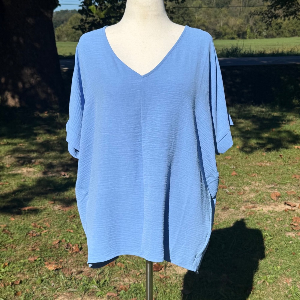 Zenana Blue V-Neck Textured Dolman Sleeve Oversized Top Women Small Coastal Chic